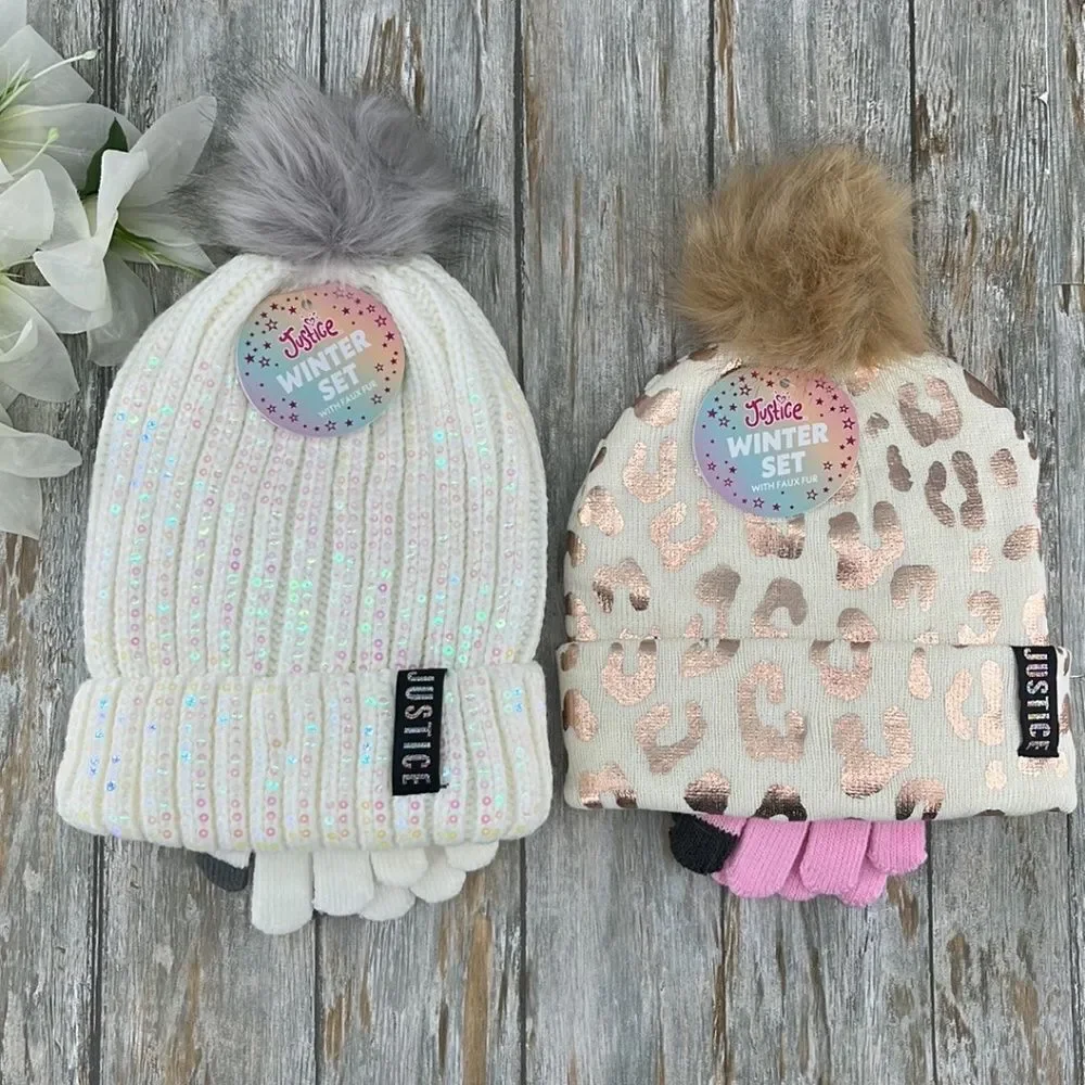 Girls Justice Ribbed & Full Print Winter Cozy Beanie and Gloves 2, 2-Piece Set